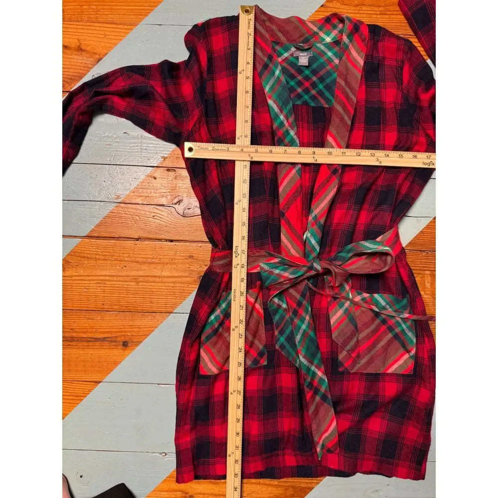 Aerie Plaid Flannel Wrap Robe Red Black Green Tartan Belted Lounge XS/S